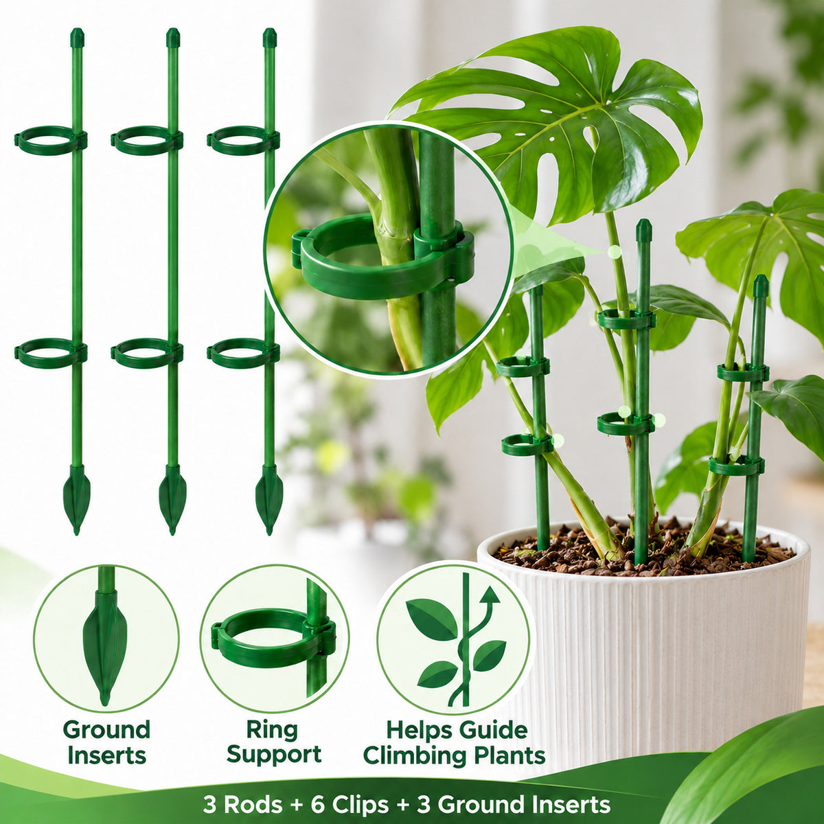 Plant Support Stakes, 30 cm, 3 Rods with Clips and Ground Inserts - 30 cm / 3 Rods + 6 Clips + 3 Ground Inserts - feature