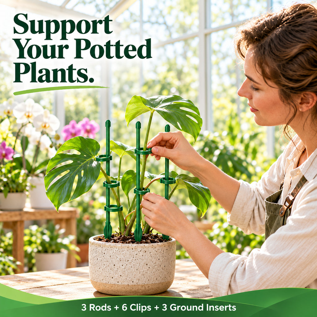Plant Support Stakes, 30 cm, 3 Rods with Clips and Ground Inserts - 30 cm / 3 Rods + 6 Clips + 3 Ground Inserts - lifestyle
