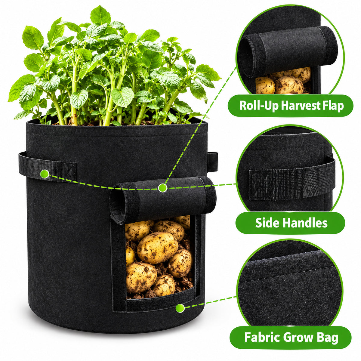 Black Felt Potato Grow Bag with Harvest Flap and Handles, 25 x 30 cm - Black / 25 x 30 cm - feature