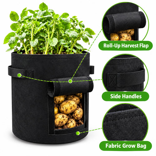 Black Felt Potato Grow Bag with Harvest Flap and Handles, 25 x 30 cm - Black / 25 x 30 cm - feature