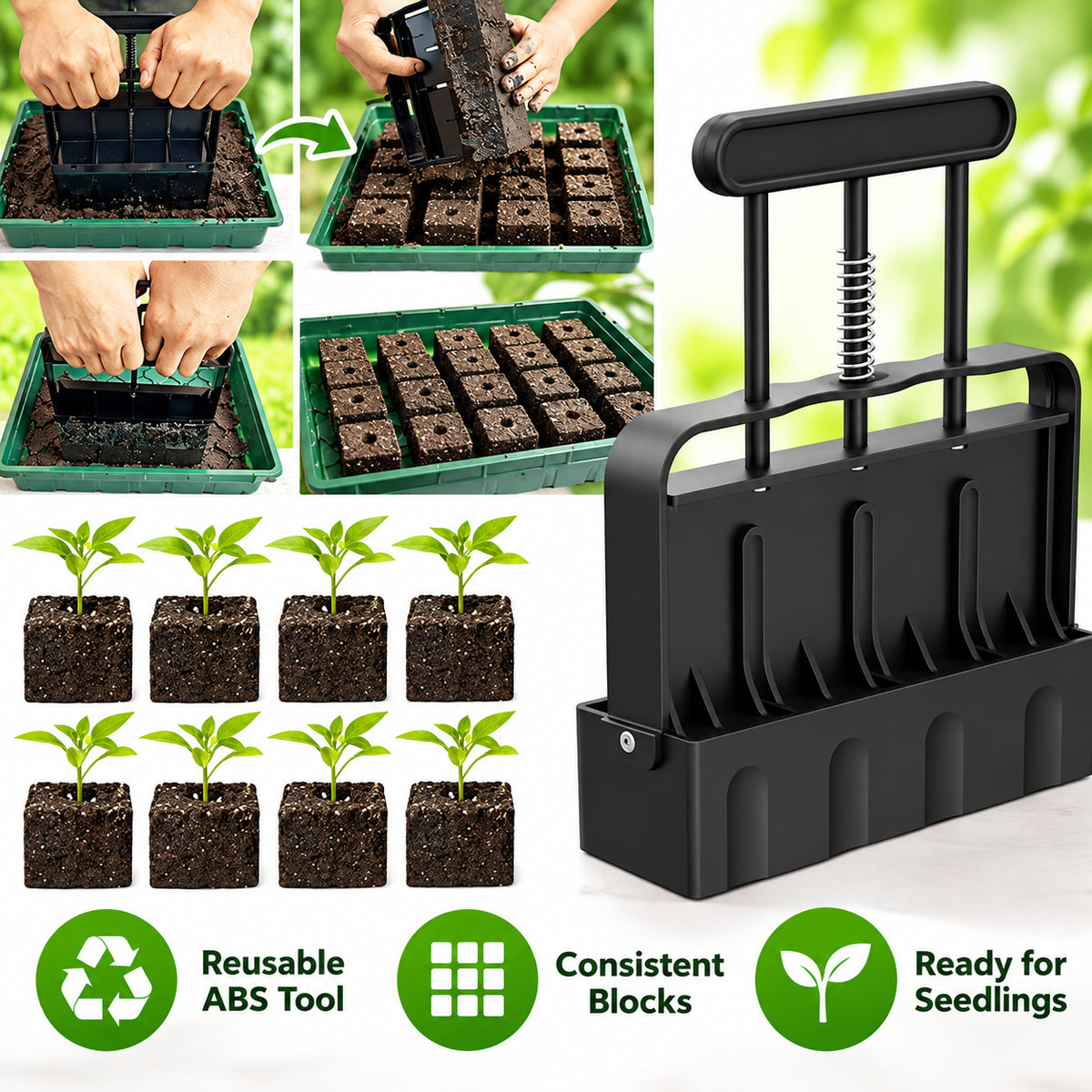 ABS Soil Block Maker with Press Handle for Seed-Starting Preparation - Black ABS Soil Block Maker - feature