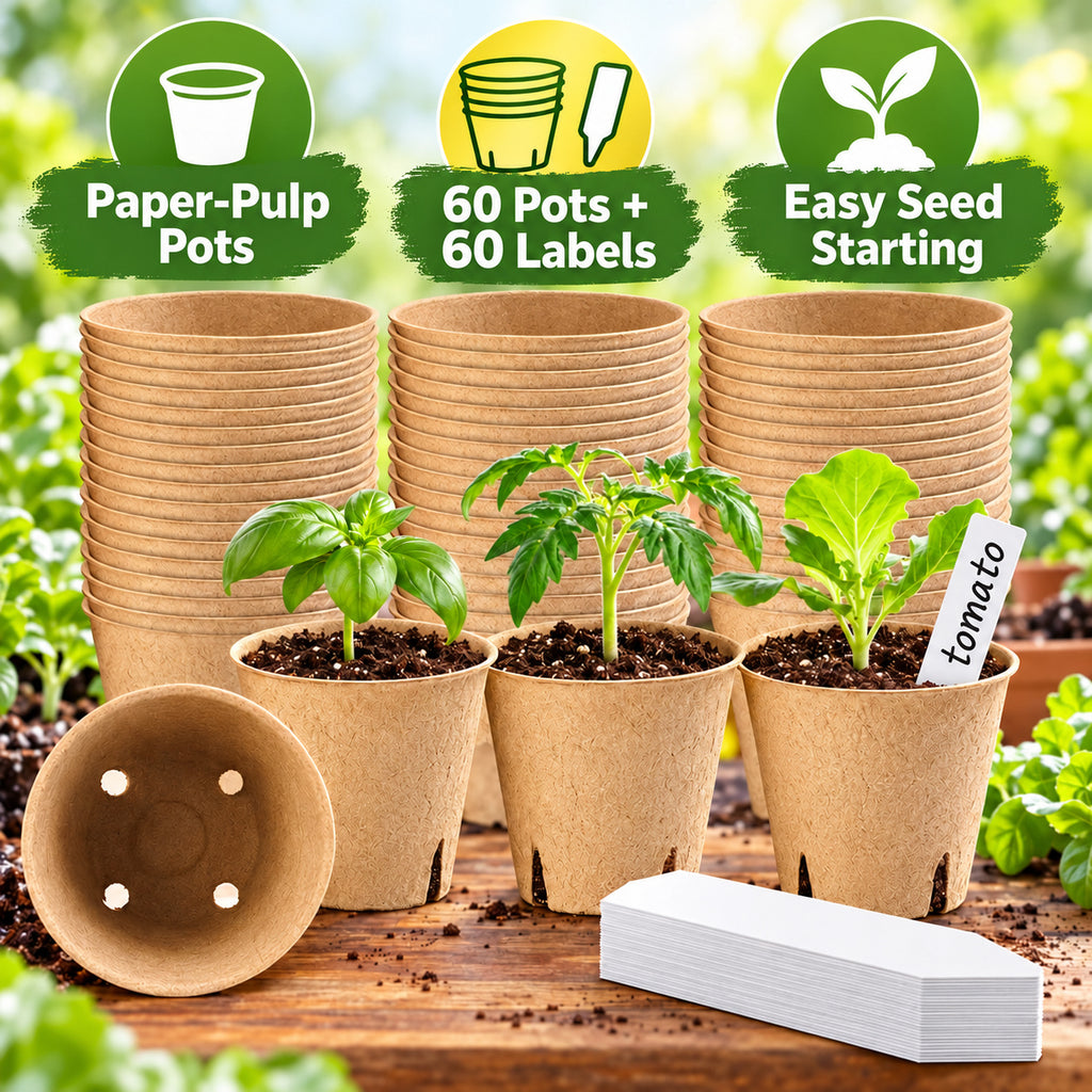 Paper-Pulp Seedling Pots, 8 cm Diameter, 60 Pots and 60 Labels - 8 cm Diameter / 60 Pots + 60 Labels - feature