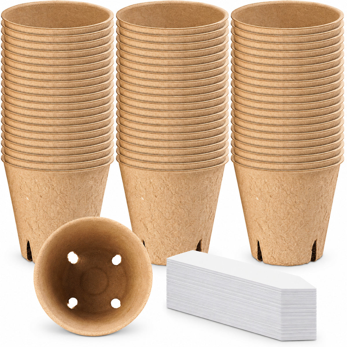 Paper-Pulp Seedling Pots, 8 cm Diameter, 60 Pots and 60 Labels - 8 cm Diameter / 60 Pots + 60 Labels - main