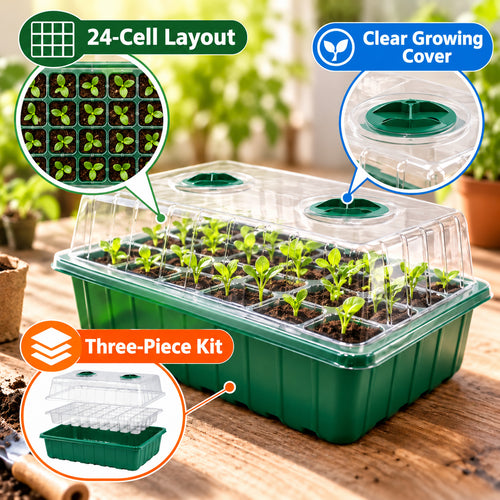 24-Cell Seed Starting Kit with Clear Insert, Clear Dome and Green Base - 24 Cells / Clear Insert / Green Base / 1 Set - feature