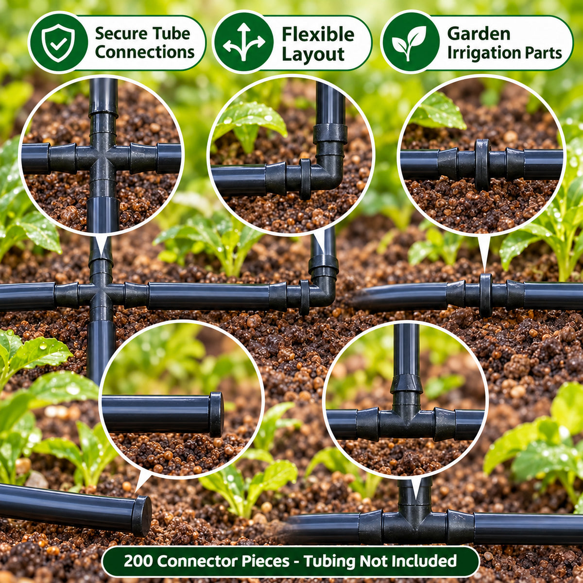 200-Piece Micro Irrigation Connector Assortment - 200 Pieces / Five Connector Types / Connectors Only - feature