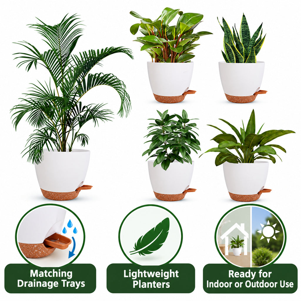 White Plastic Planter Set with Matching Saucers, 5 Pots, Style 1 - Style 1 / White / 5-Pot Set - feature