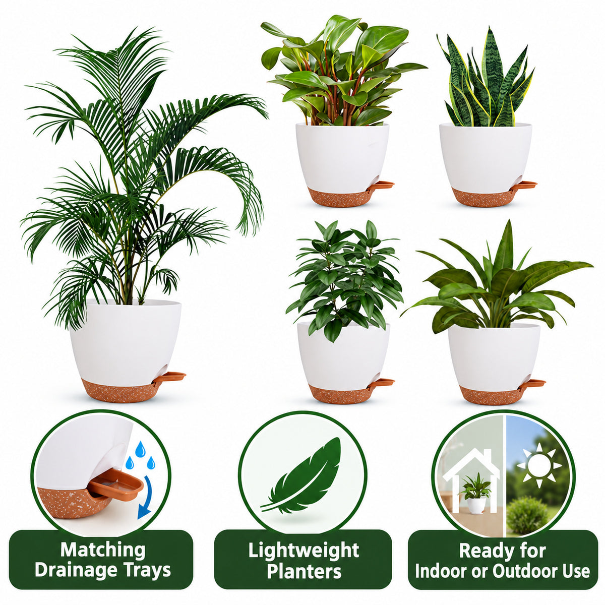 White Plastic Planter Set with Matching Saucers, 5 Pots, Style 1 - Style 1 / White / 5-Pot Set - feature
