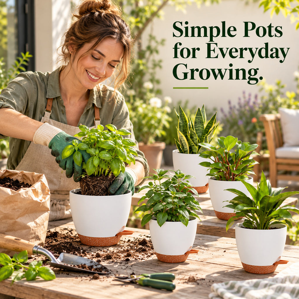 White Plastic Planter Set with Matching Saucers, 5 Pots, Style 1 - Style 1 / White / 5-Pot Set - lifestyle