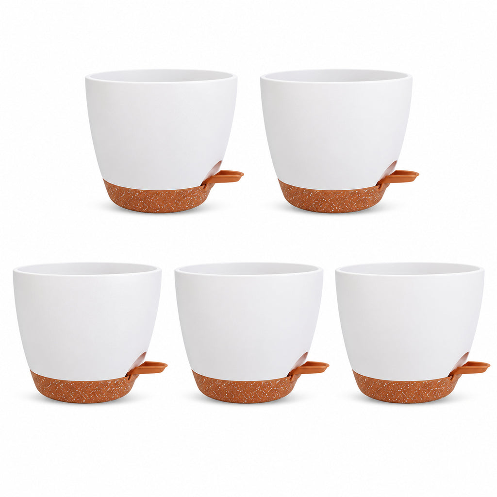 White Plastic Planter Set with Matching Saucers, 5 Pots, Style 1 - Style 1 / White / 5-Pot Set - main