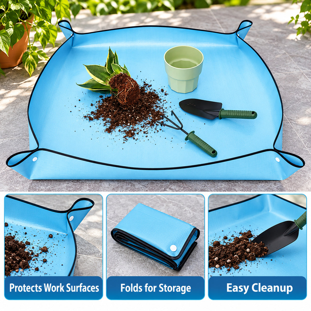 Sky Blue PE Repotting Mat with Corner Fastenings, 66 x 66 cm - Sky Blue PE / 66 x 66 cm / Single Mat - feature
