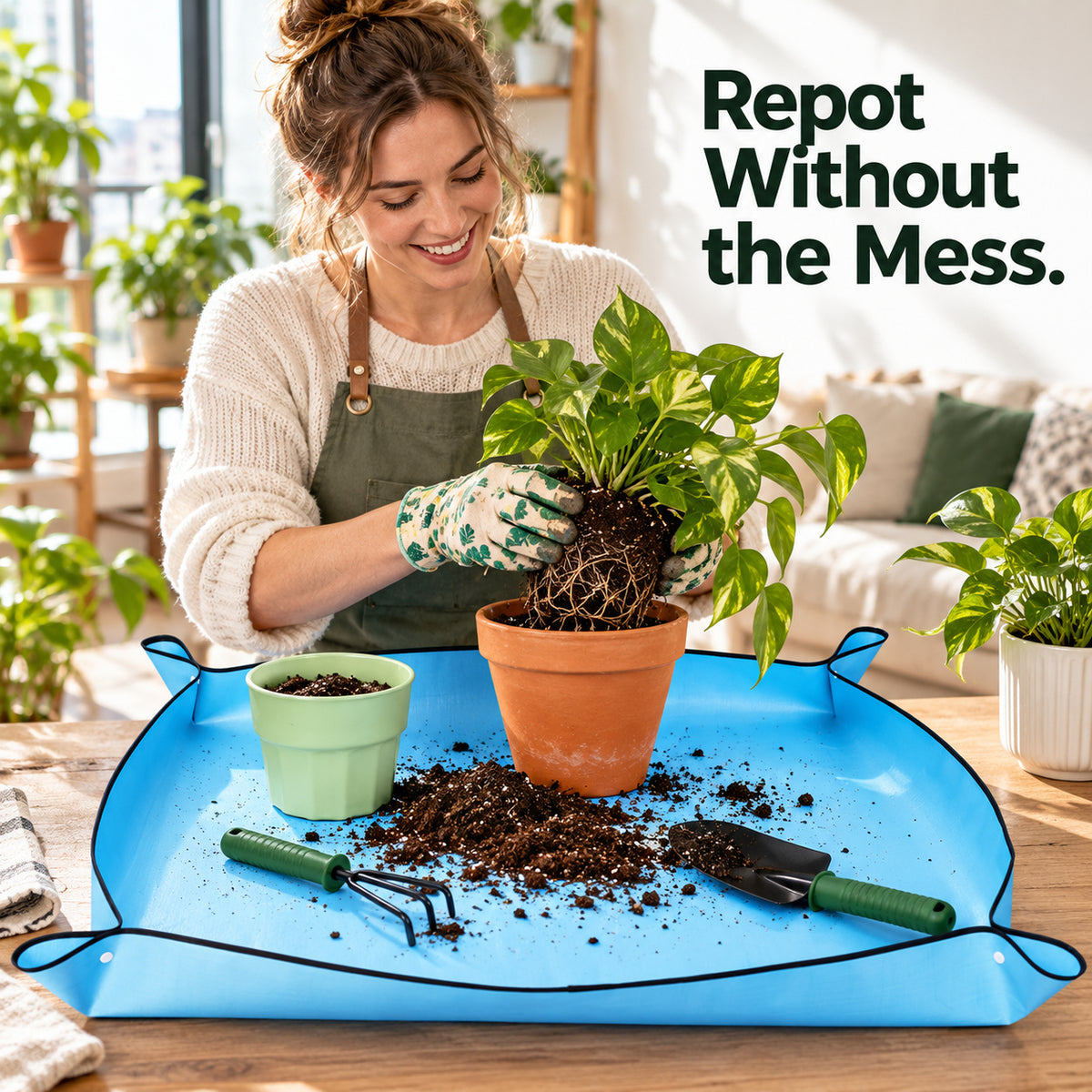 Sky Blue PE Repotting Mat with Corner Fastenings, 66 x 66 cm - Sky Blue PE / 66 x 66 cm / Single Mat - lifestyle