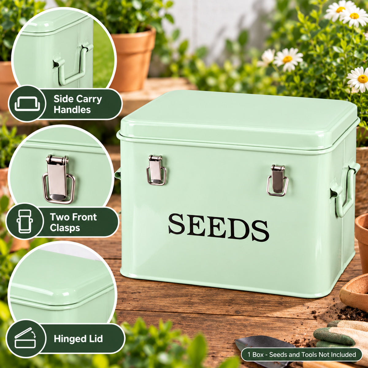 Pale Green Metal Seed Storage Box with Side Handles, 21 x 14 x 16 cm - T030D / Source-Pictured Pale Green / 21 x 14 x 16 cm / One Box - feature