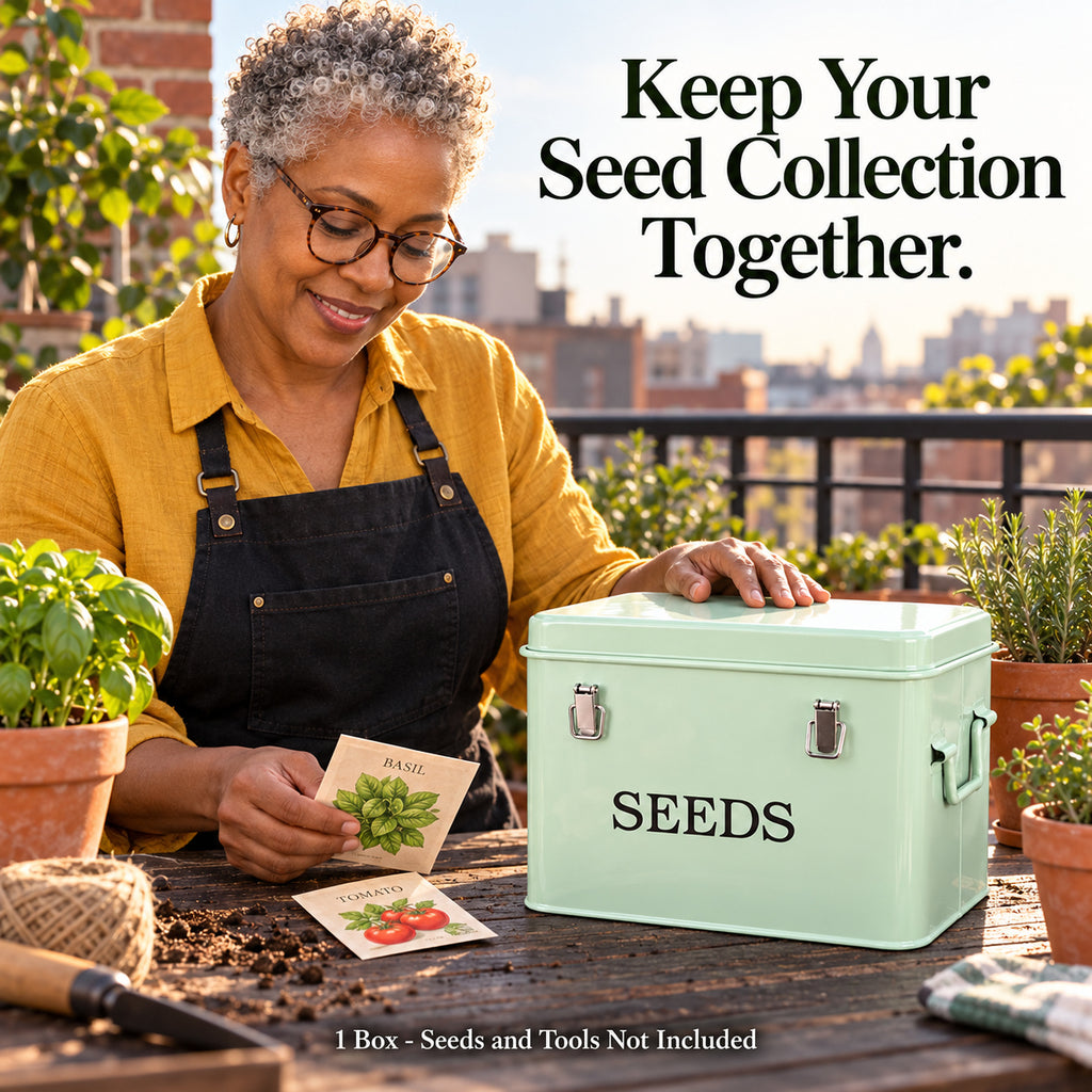 Pale Green Metal Seed Storage Box with Side Handles, 21 x 14 x 16 cm - T030D / Source-Pictured Pale Green / 21 x 14 x 16 cm / One Box - lifestyle