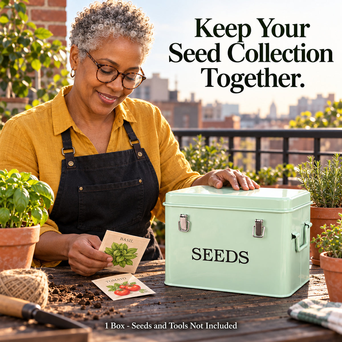 Pale Green Metal Seed Storage Box with Side Handles, 21 x 14 x 16 cm - T030D / Source-Pictured Pale Green / 21 x 14 x 16 cm / One Box - lifestyle