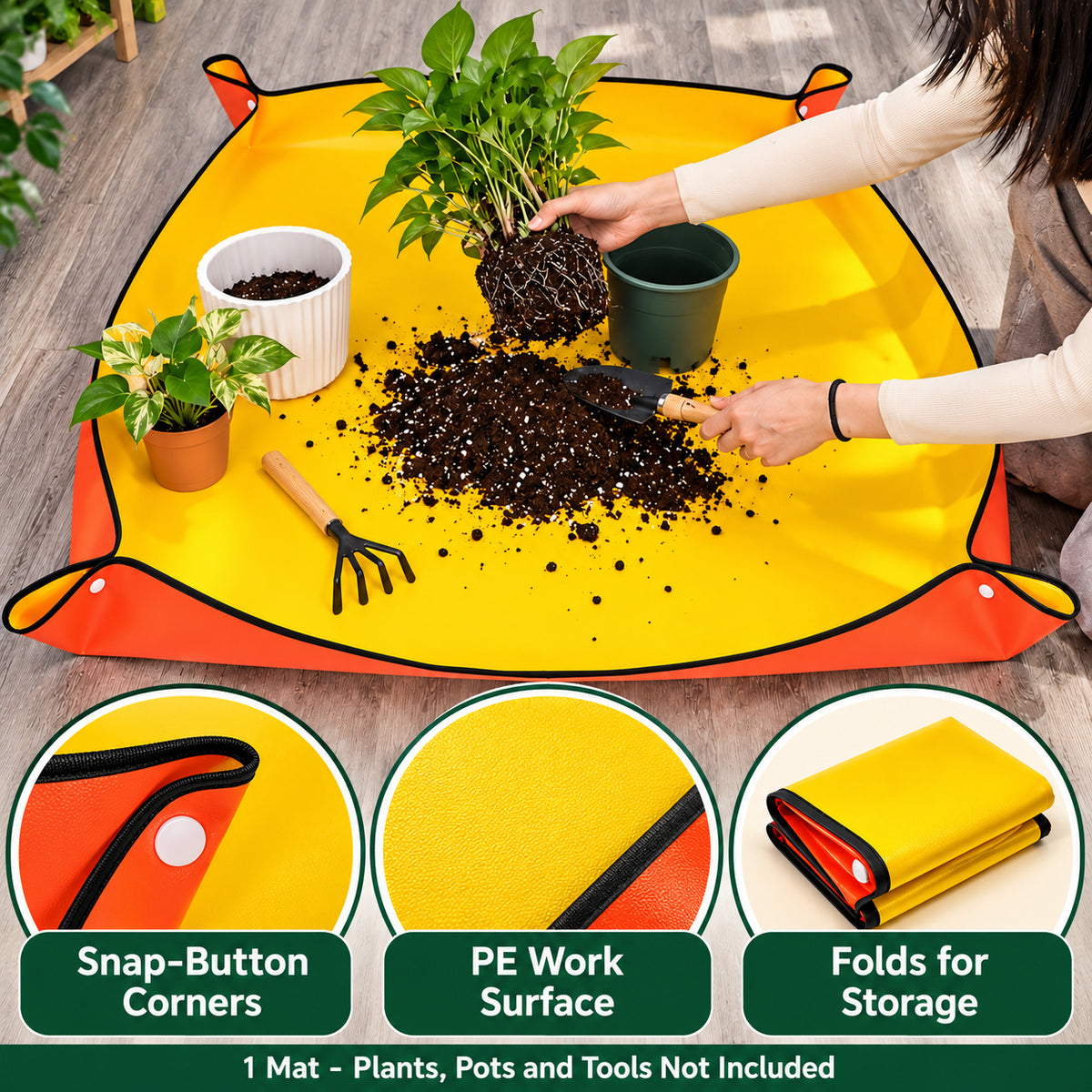 Yellow PE Repotting Mat with Snap Corners, 100 x 100 cm - Yellow / 100 x 100 cm / Snap-Button Corners / One Mat - feature