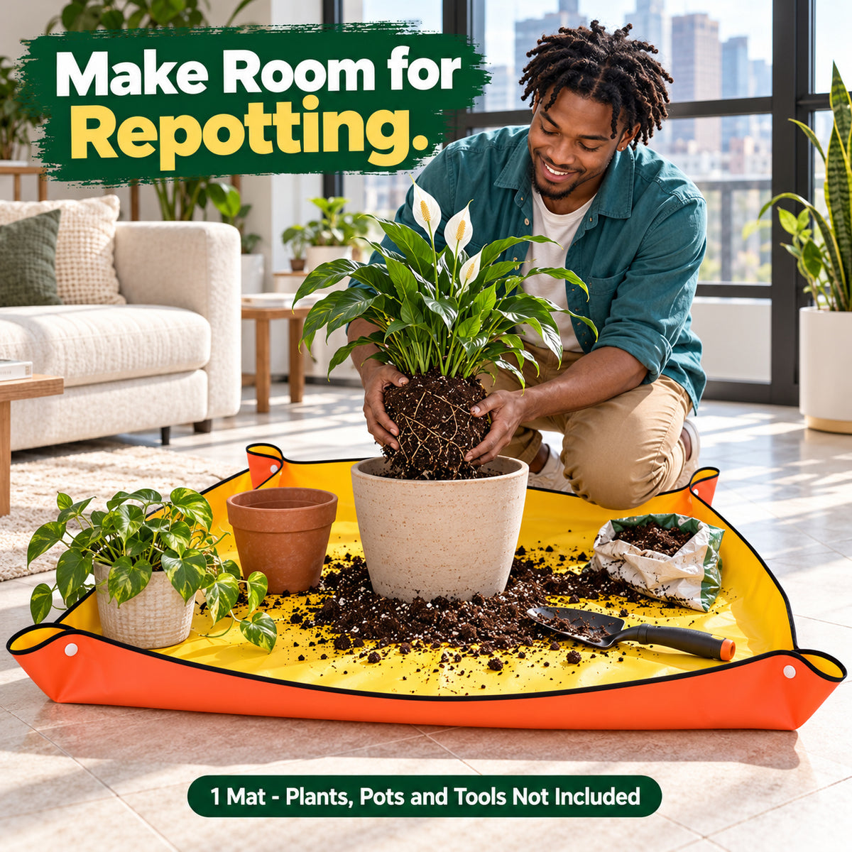 Yellow PE Repotting Mat with Snap Corners, 100 x 100 cm - Yellow / 100 x 100 cm / Snap-Button Corners / One Mat - lifestyle