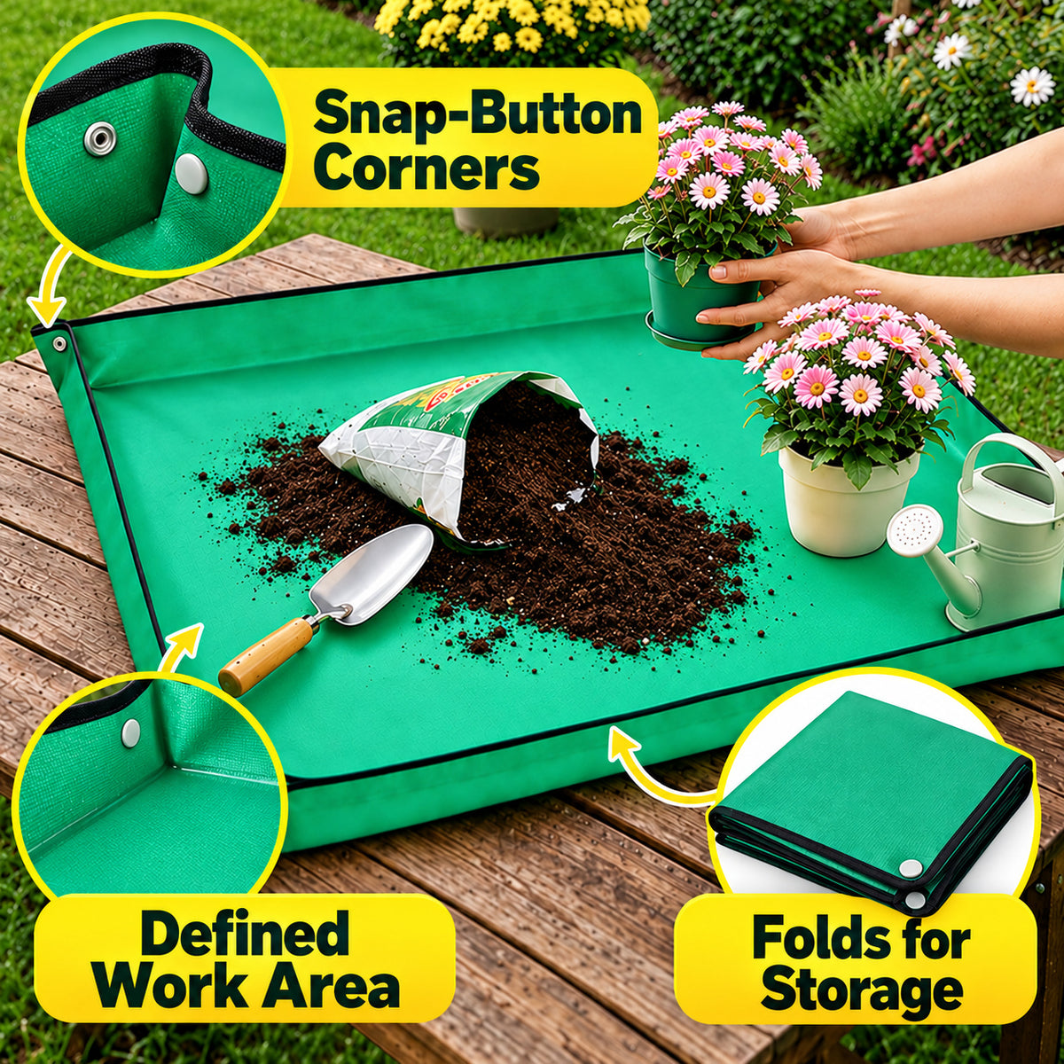 Green PE Repotting Mat with Snap-Up Corners, 75 x 100 cm - Green / 75 x 100 cm / Single Mat - feature