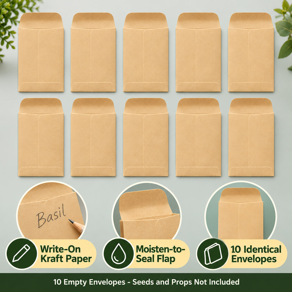Kraft Seed Envelopes, 5.7 x 8.89 cm, Moisten-to-Seal, 10-Pack - Kraft / 5.7 x 8.89 cm / Moisten-to-Seal / 10 Empty Envelopes - feature