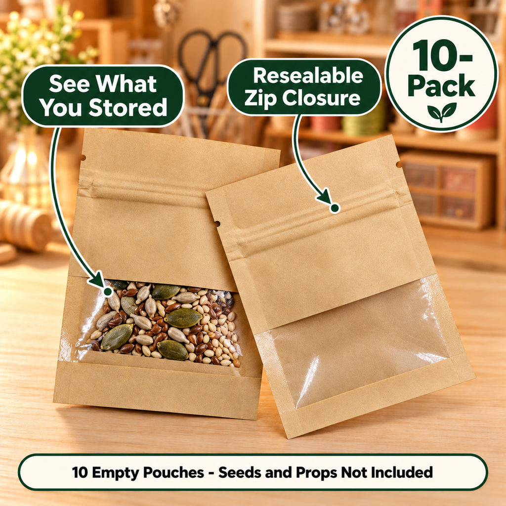 Kraft-Look Seed Storage Pouches with Window, 9 x 13 cm, 10-Pack - Kraft-Look Yellow / 9 x 13 cm / Windowed Zip Pouch / Retail 10-Pack - feature