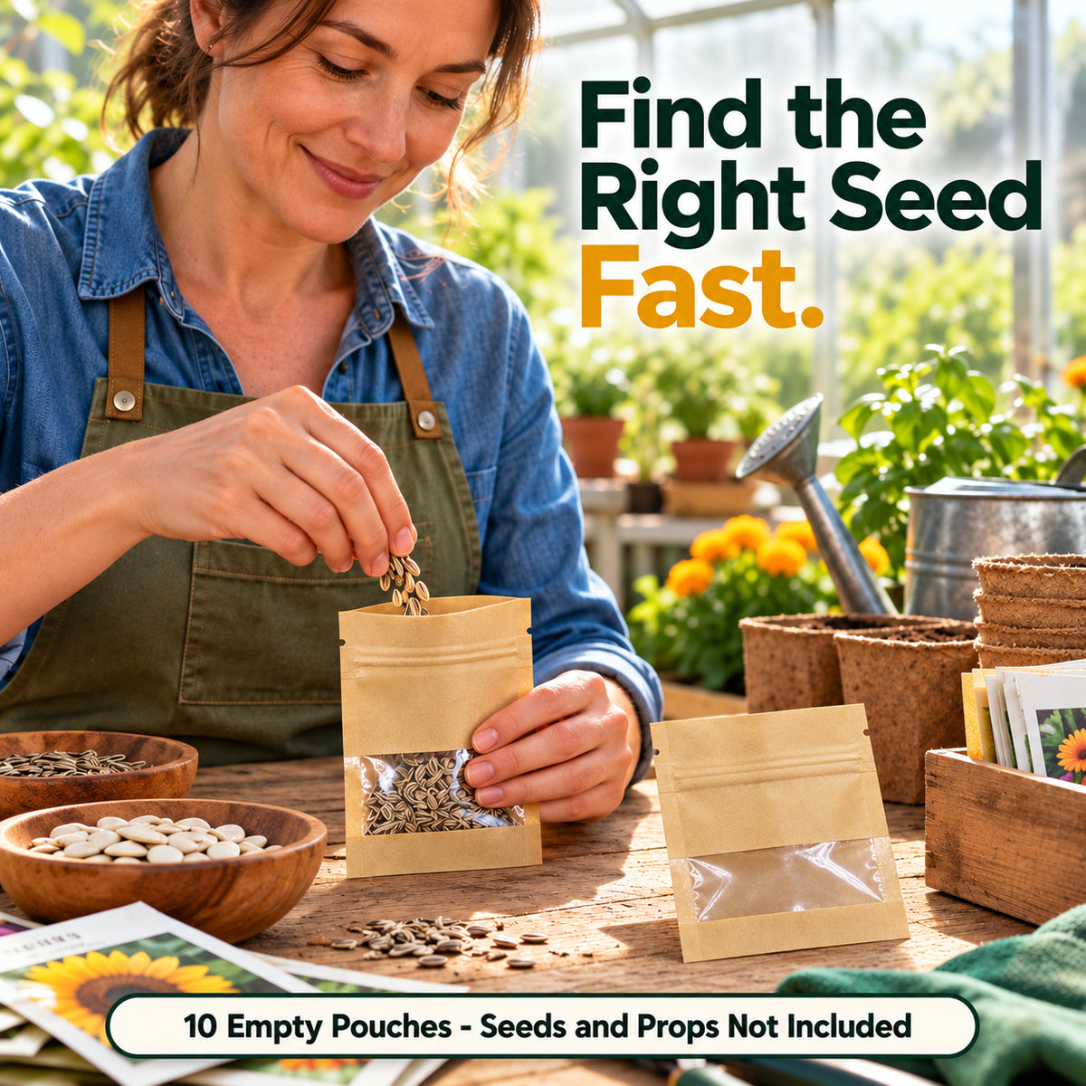 Kraft-Look Seed Storage Pouches with Window, 9 x 13 cm, 10-Pack - Kraft-Look Yellow / 9 x 13 cm / Windowed Zip Pouch / Retail 10-Pack - lifestyle