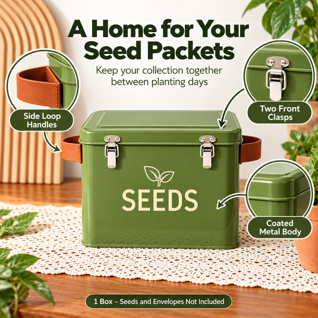 Green Metal Seed Storage Box with Side Loops, 21.5 x 14.5 x 16.5 cm - T030C / Green / Medium / 21.5 x 14.5 x 16.5 cm / One Box - feature