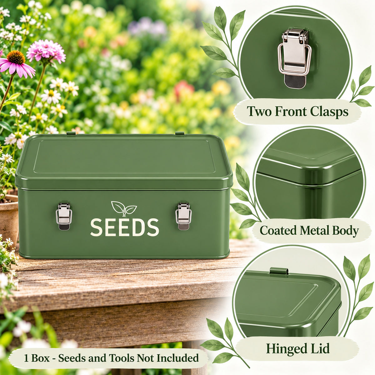 Army Green Metal Seed Storage Box, 33 x 17 x 13.5 cm - T234 / Army Green / 33 x 17 x 13.5 cm / One Box - feature