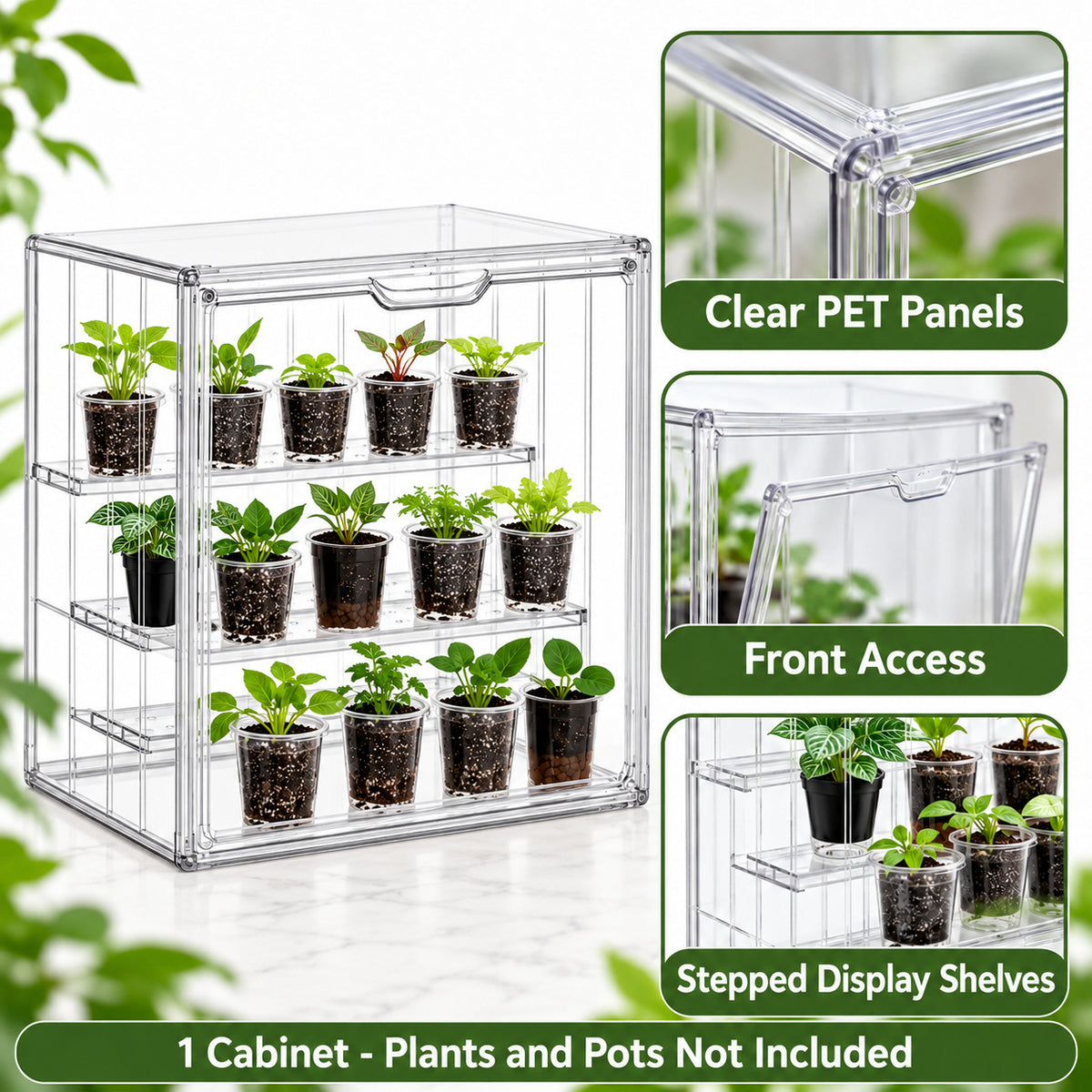 Clear PET Plant Display Cabinet with Three Partitions, Single Unit - 1085 / Three Partitions / Clear PET / Single Cabinet - feature