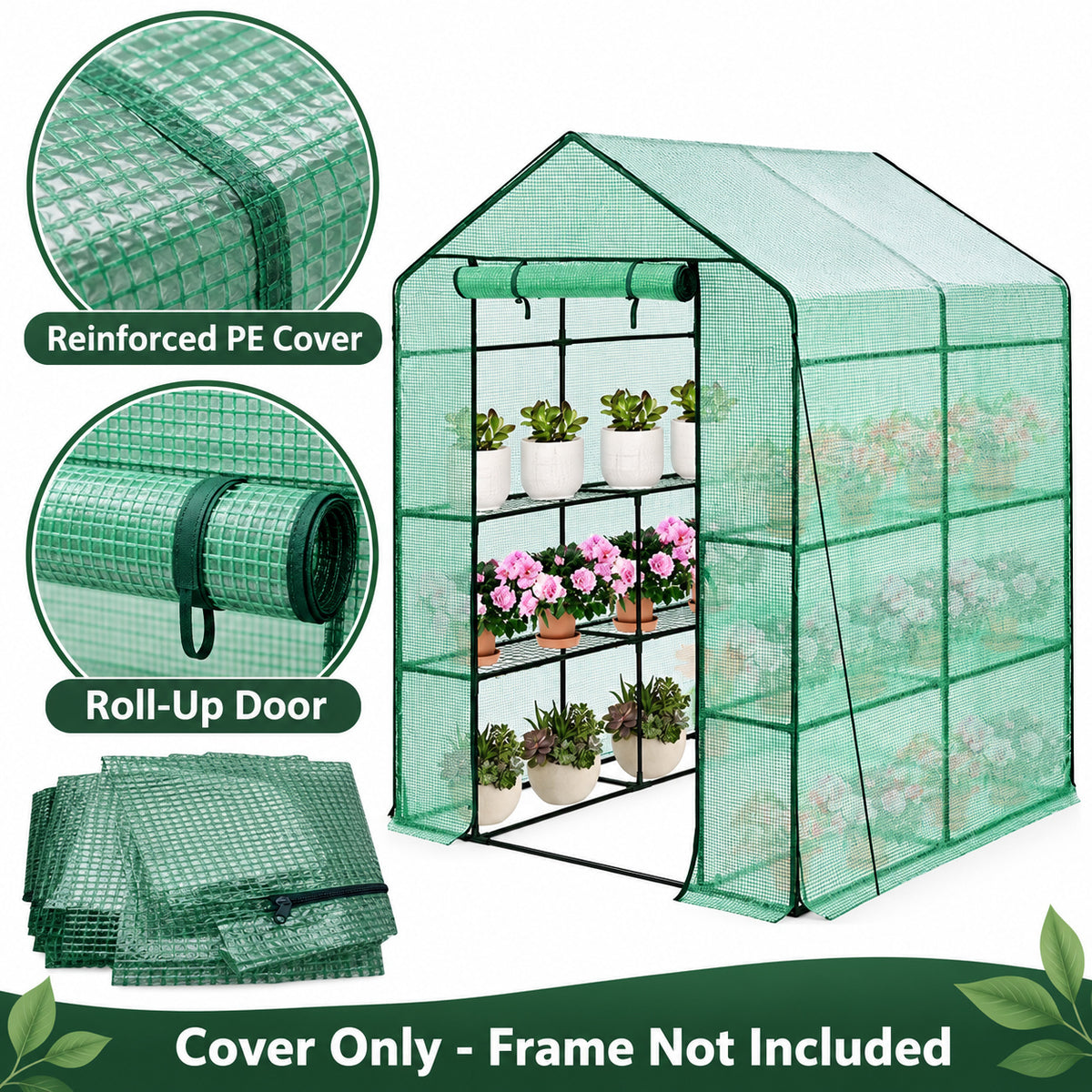 Green PE Walk-In Greenhouse Replacement Cover, 143 x 143 x 195 cm - Green PE / 143 x 143 x 195 cm / Cover Only - feature