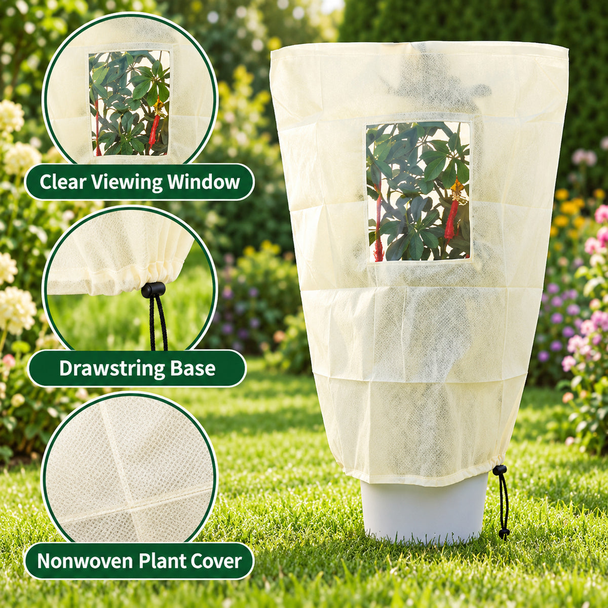 Windowed Plant Cover with Drawstring, Beige, 80 x 100 cm - Viewing Window / Drawstring / No Zipper / Source-Pictured Beige / 80 x 100 cm / One Cover - feature