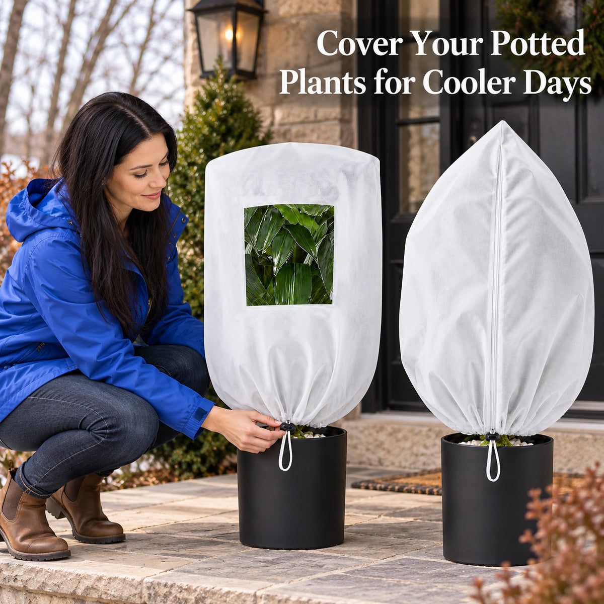 Windowed Nonwoven Plant Covers,2-Pack,80 ×100 cm, with Drawstring - White / 80 x 100 cm / 2-Pack - lifestyle