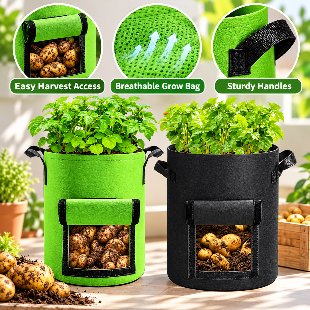 Nonwoven Potato Grow Bags with Harvest Window & Handles for Balcony Growing - feature