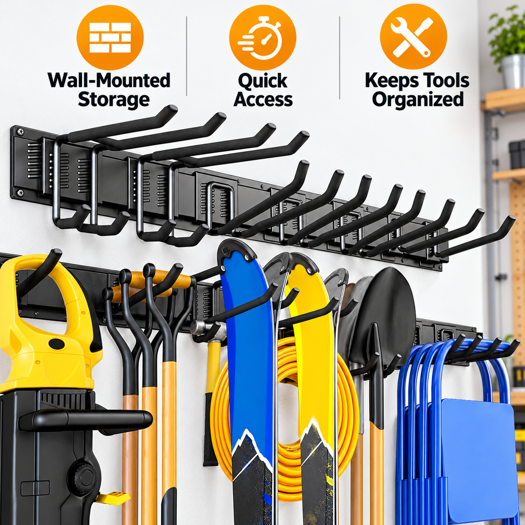 Wall-Mounted Garden Tool Organizer with Powder-Coated Metal Hook Storage - feature