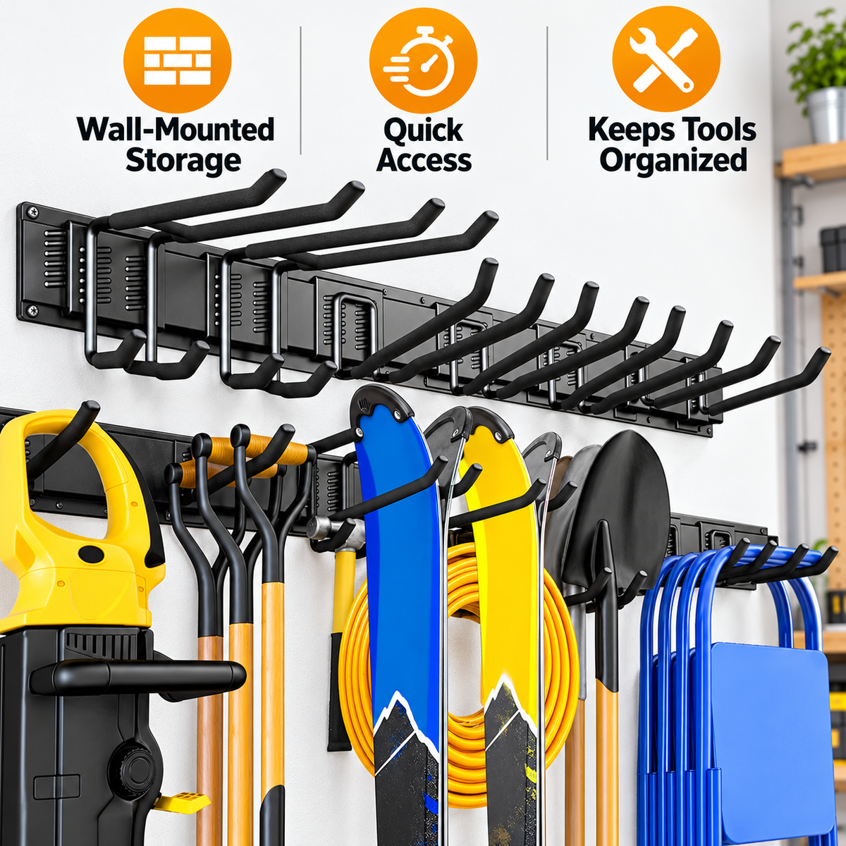 Wall-Mounted Garden Tool Organizer with Powder-Coated Metal Hook Storage - feature