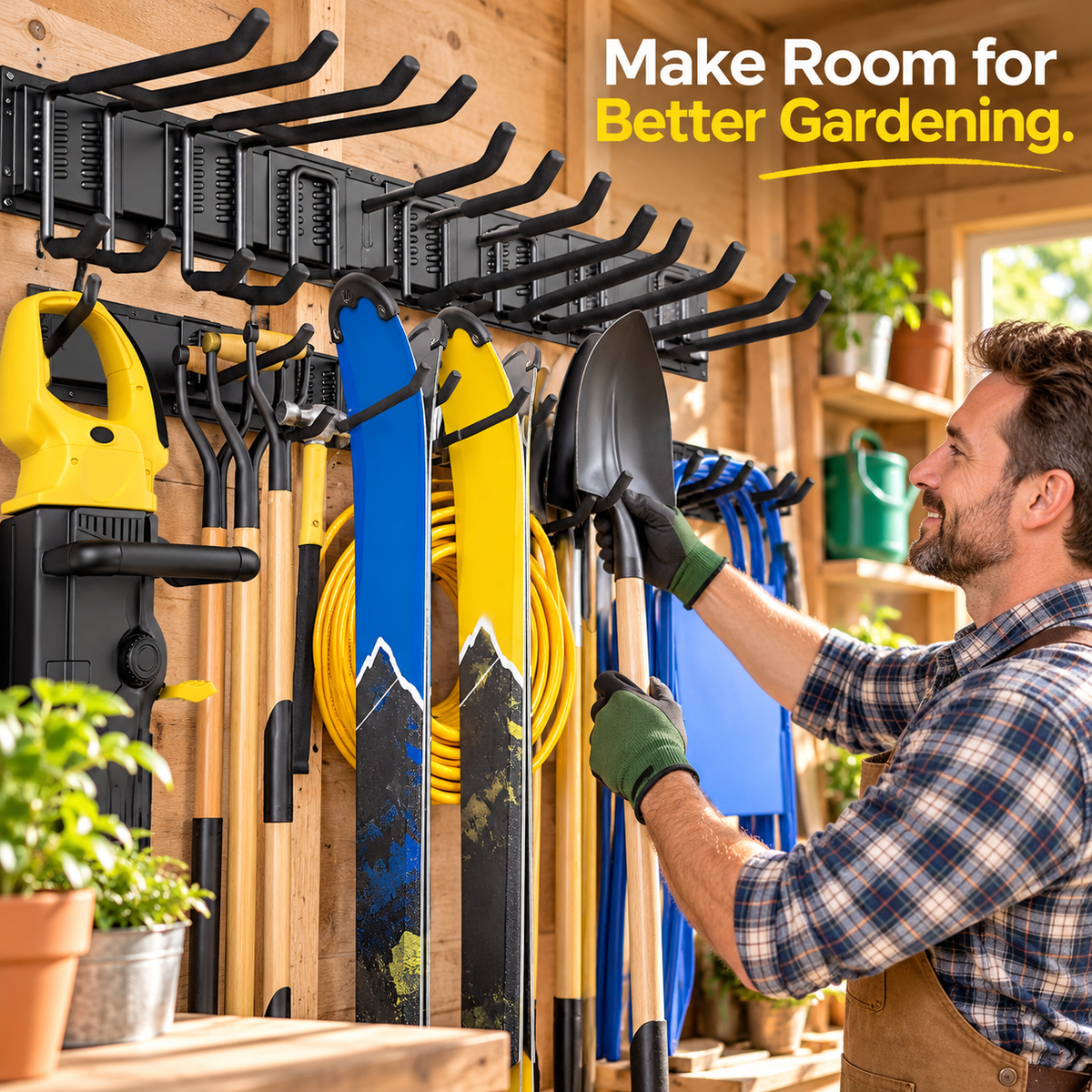 Wall-Mounted Garden Tool Organizer with Powder-Coated Metal Hook Storage - lifestyle