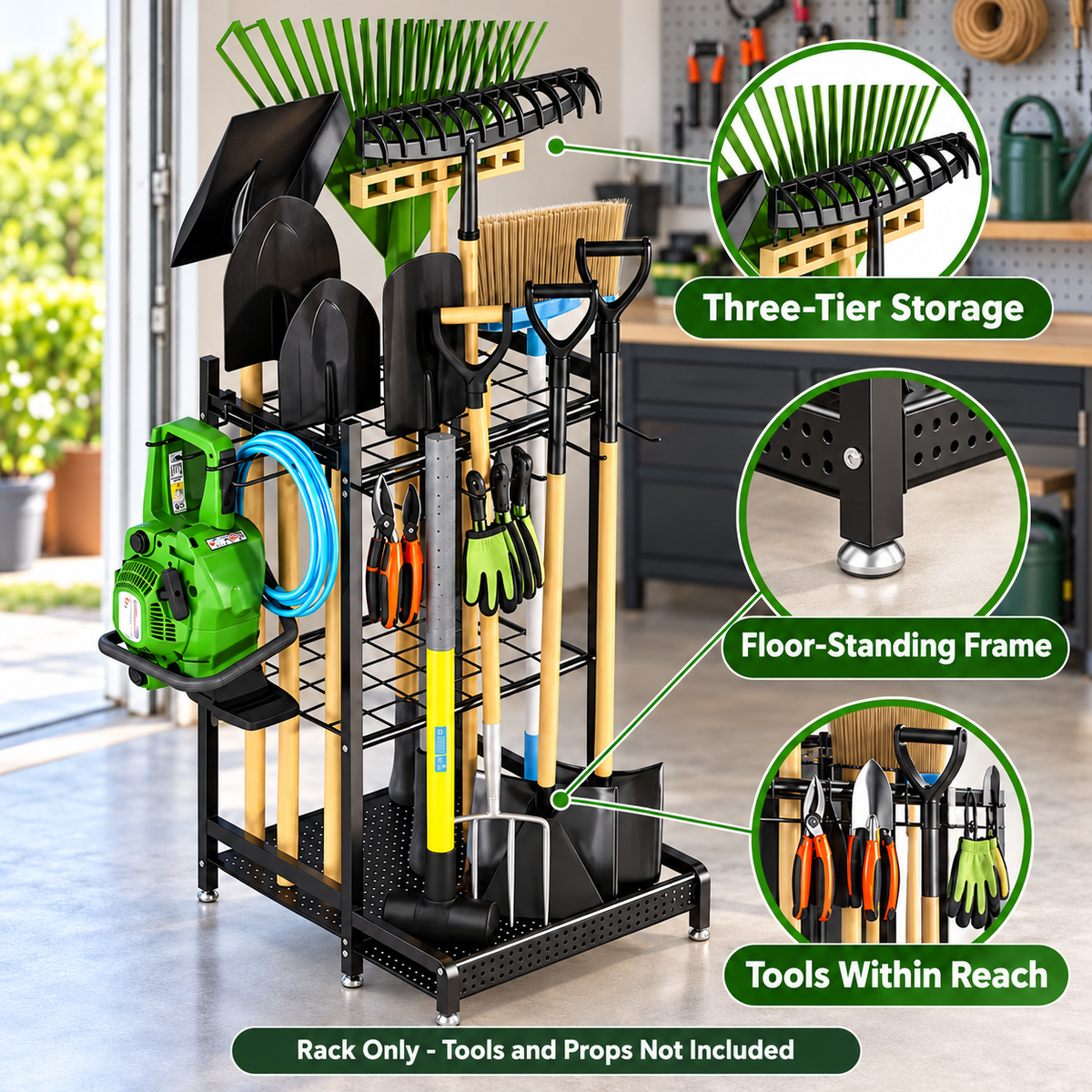 Three-Tier Metal Garden Tool Organizer with Optional Four-Caster Base - feature