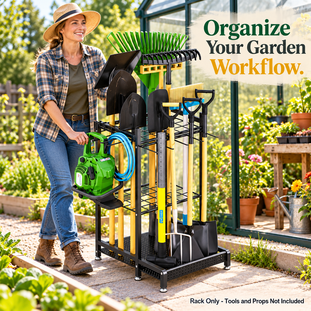 Three-Tier Metal Garden Tool Organizer with Optional Four-Caster Base - lifestyle