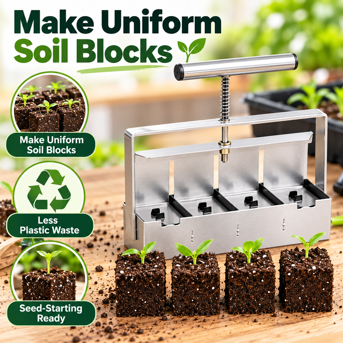 Hand Soil Block Maker with Seed-Starting Tool & Cell-Layout Options - feature