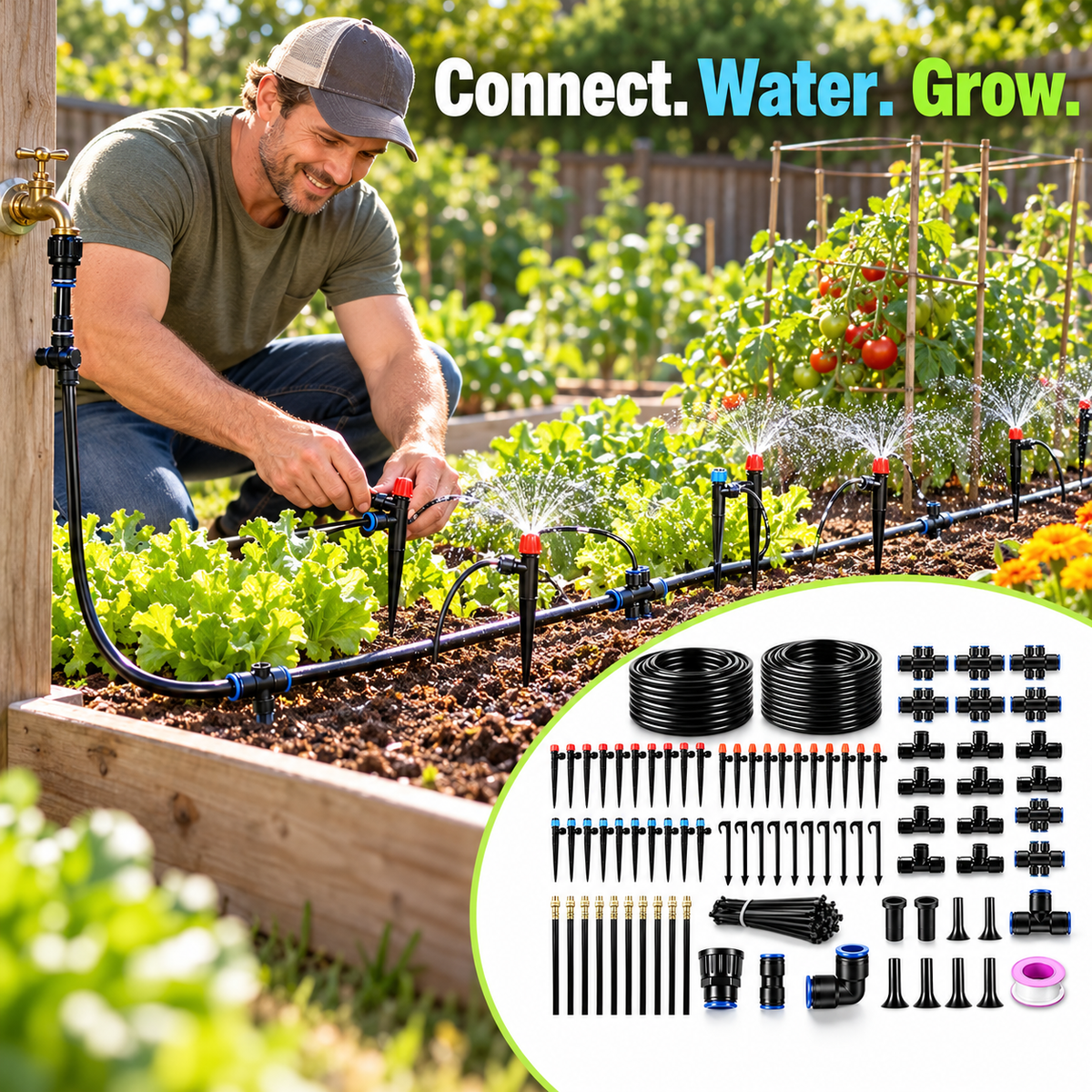 Quick-Connect Garden Irrigation Kit with 33+197 ft or 17+93 ft Tubing Options - lifestyle