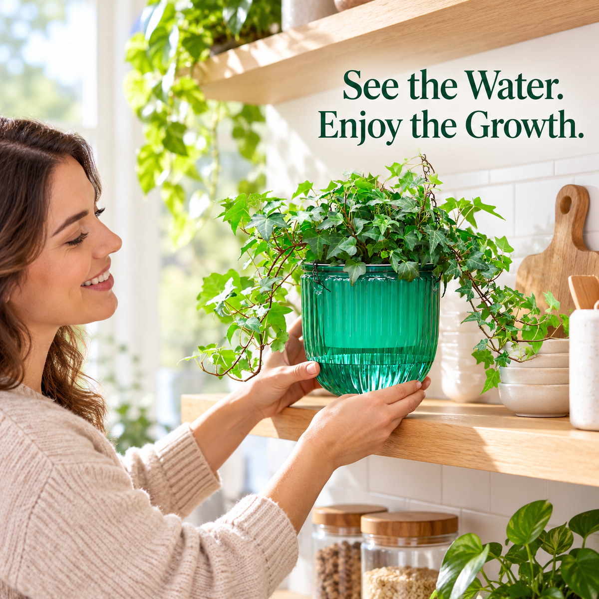 Ribbed Self-Watering Planter with Desktop or Hanging Configurations - lifestyle