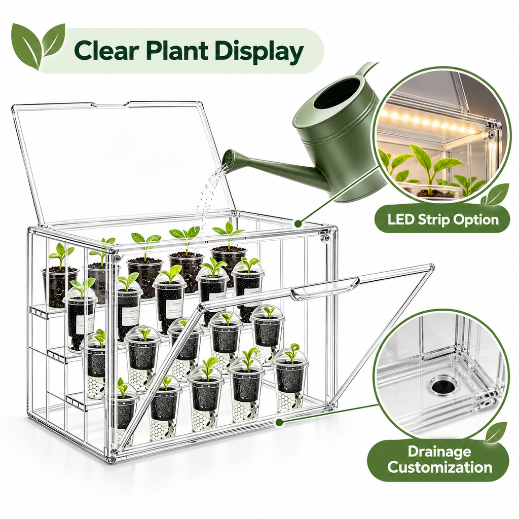 Clear Plant Display Box Customized for LED-Strip & Drainage Installation - feature