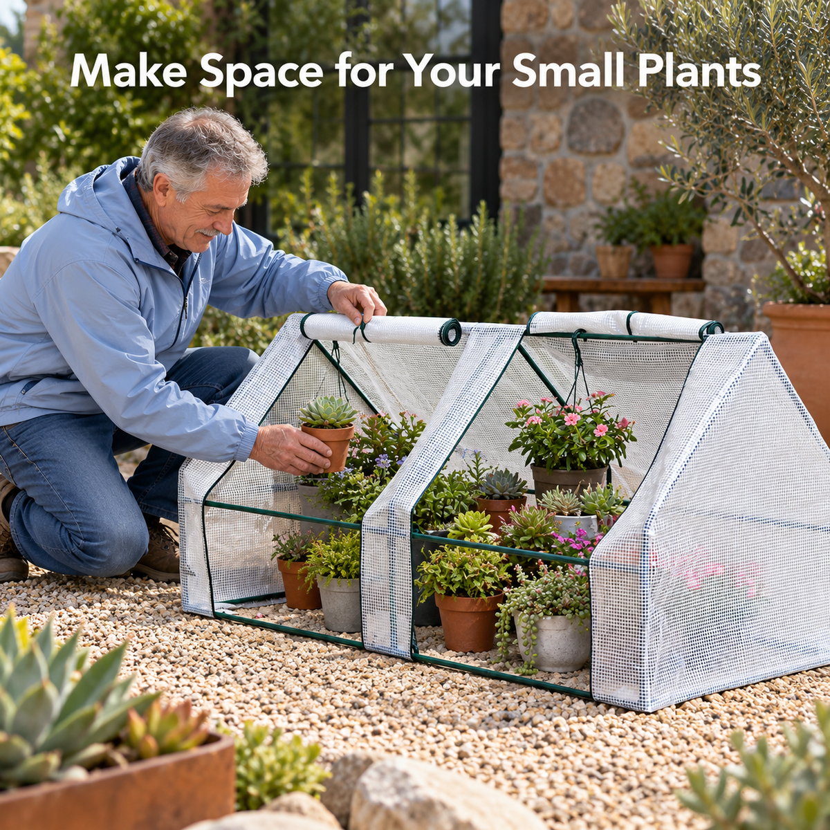 Compact Plant Greenhouse with Low-Tunnel & Four-Tier Configuration Options - lifestyle